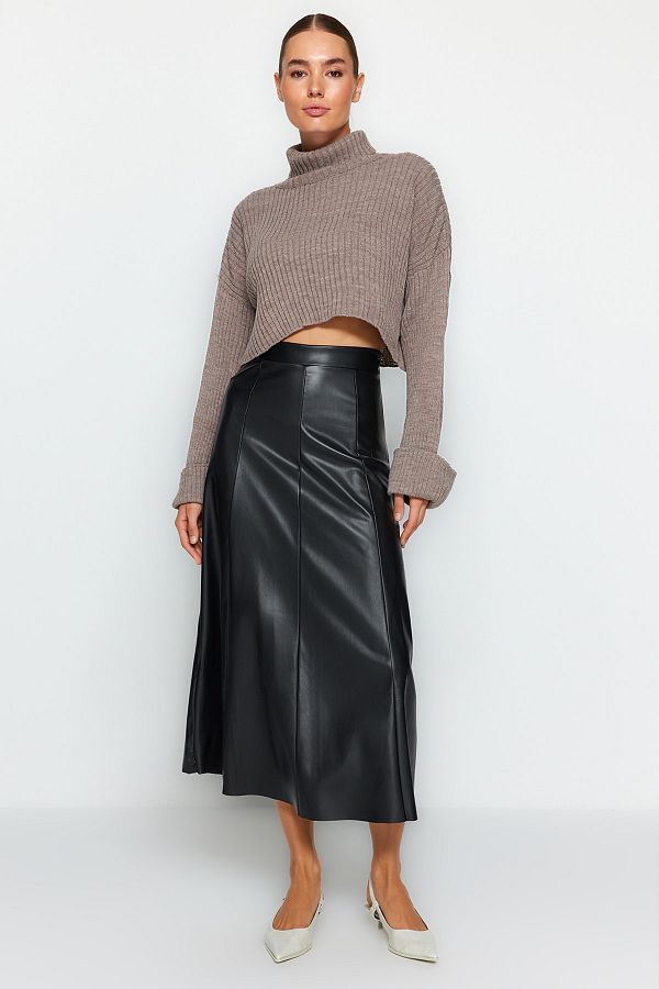 Trendyol Collection-Fustă maxi cu talie inalta neagră din imitatie piele TWOAW24ET00151 1