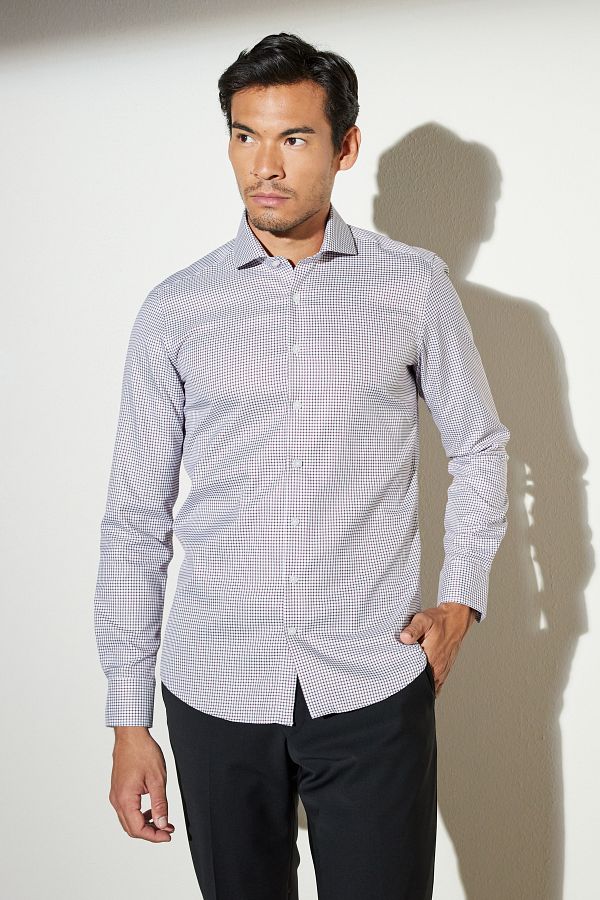 BROOKS BROTHERS-Koszula męska w kolorze bordowo-białym, slim fit, kołnierzyk włoski, 100% bawełny, nadruk 1