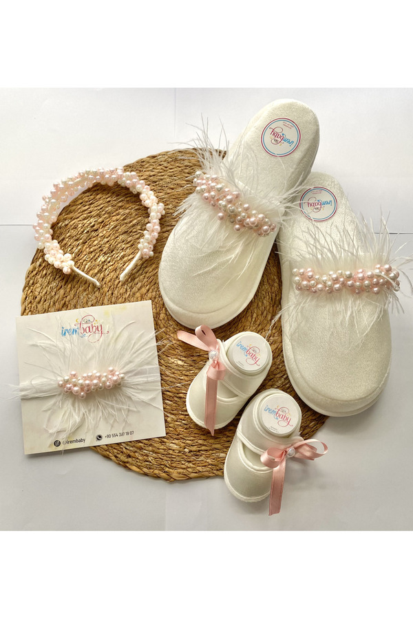 irembaby Anne Bebek Lohusa Seti Pembe İncili Tüylü Lohusa Tacı Terliği ve Bebek Ayakkabı Takımı Özel Tasarım