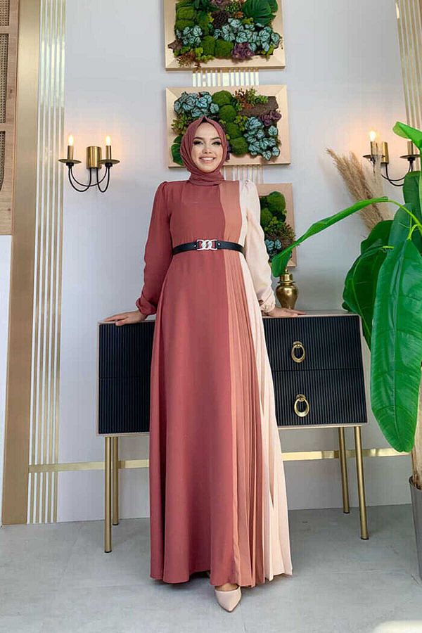 Bym Fashion-Tříbarevné plisované šaty v pase 3622 Dried Rose 1