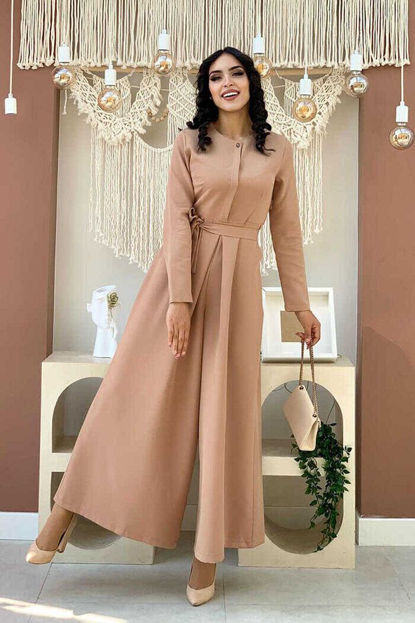 Bym Fashion-بذلة بحزام الخصر مع تفاصيل أزرار مخفية على الصدر 3676 أسمر 1