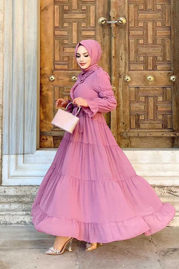 Bym Fashion Layered Look Waist Belted Ruffle Dress 3495 Powder Trendyol