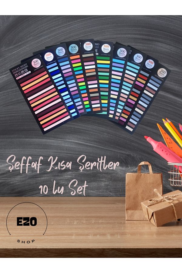 EZOSHOP-Transparent Colored Sticky Notes - Adhesive Paper, Short Stripe, Set of 10 1