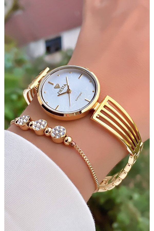 Fiesta Gold Yellow Steel Cord Bridal Engagement Wedding Small Case Wrist Watch with 2 Year Warranty Bracelet Trendyol