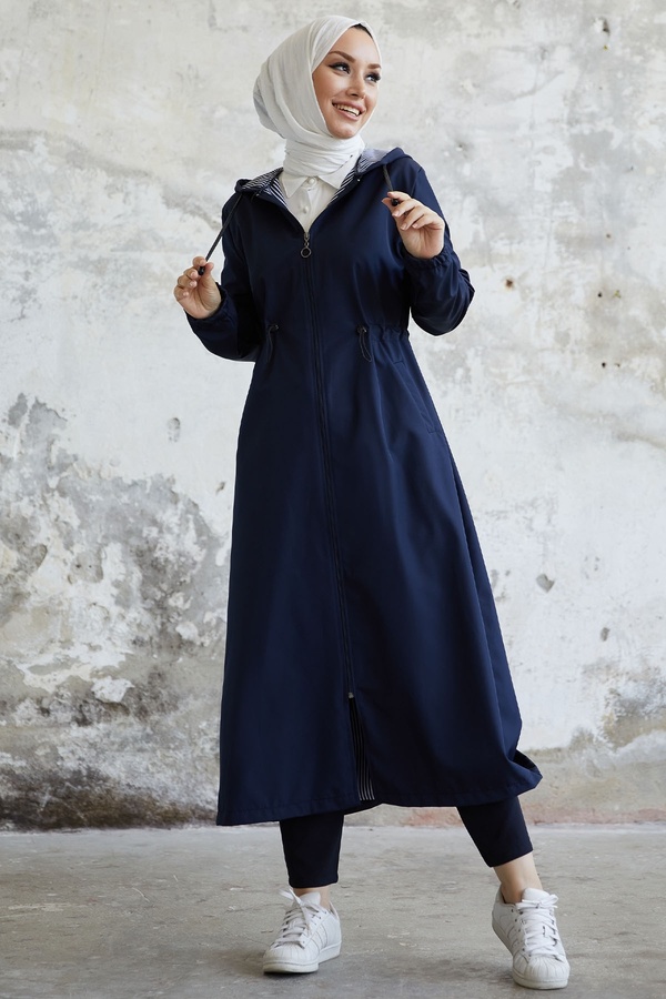 InStyle-Layisa Striped Patterned Gathered Waist Trench - Navy Blue 1