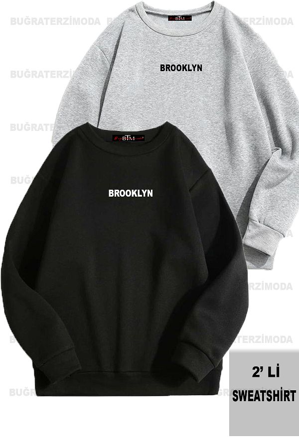 Buğraterzimoda-Tricou dublu unisex oversize cu imprimeu Brooklyn, negru-gri 1