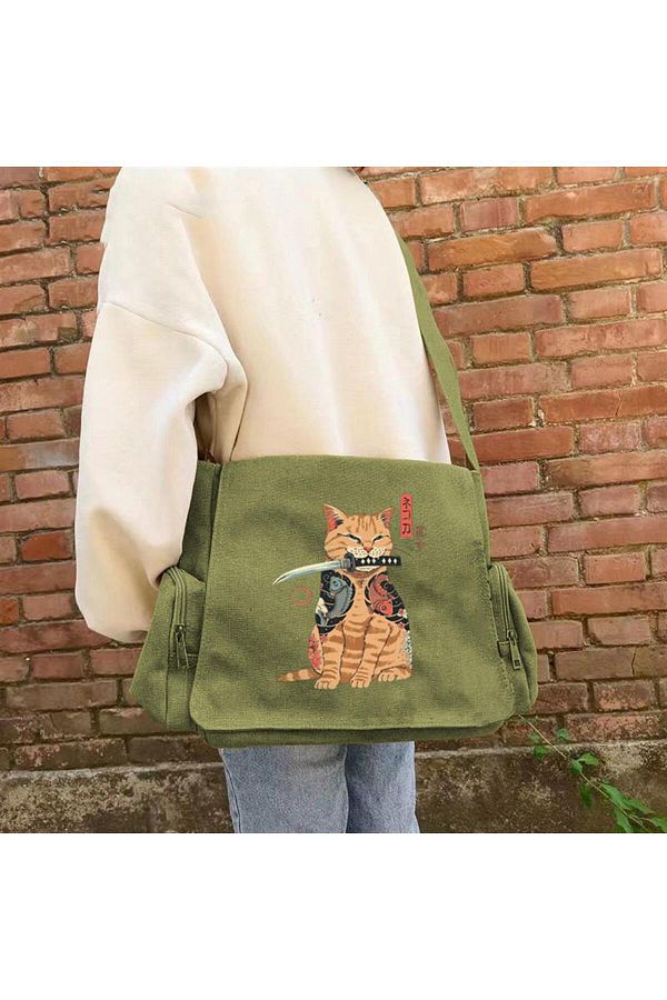 DEST NE Day Light Killer Cat Printed Unisex Green Messenger Bag Trendyol