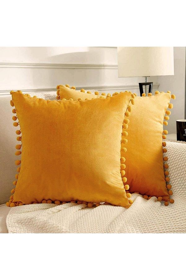 Bc Home-2-Piece Mustard Tiny Pompom Soft Textured Throw Pillow Cover Set Simple, Plain, 2 Pieces, Scandinavian, Bohemian 1