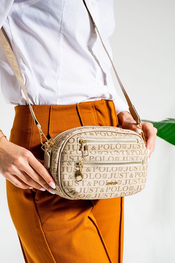 Just Polo Women s Gray Multi Compartment Monogram Printed Thick Adjustable Long Strap Shoulder Bag