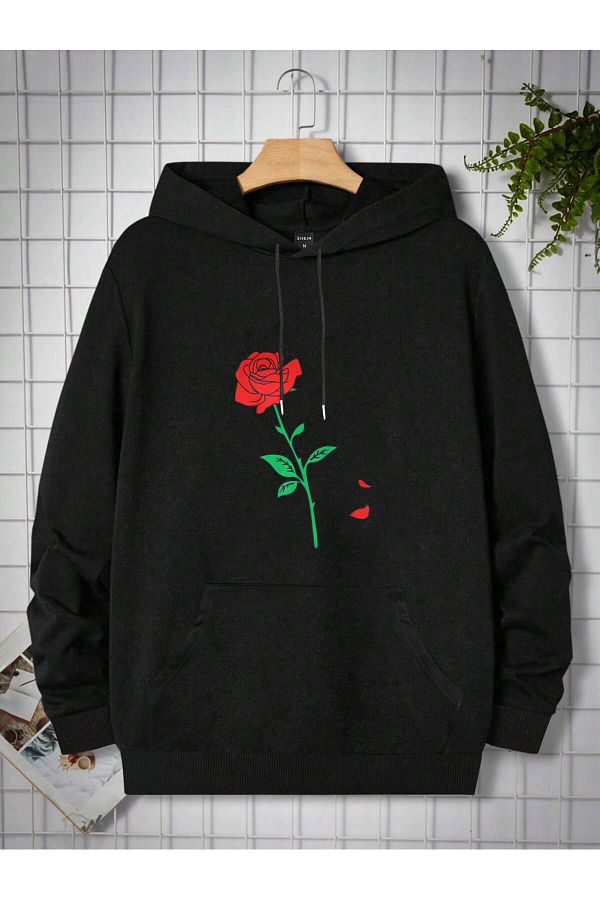 Adrift Coko series Manfinity Homme Rose Print Kangaroo Pocket Drawstring Hoodie Trendyol