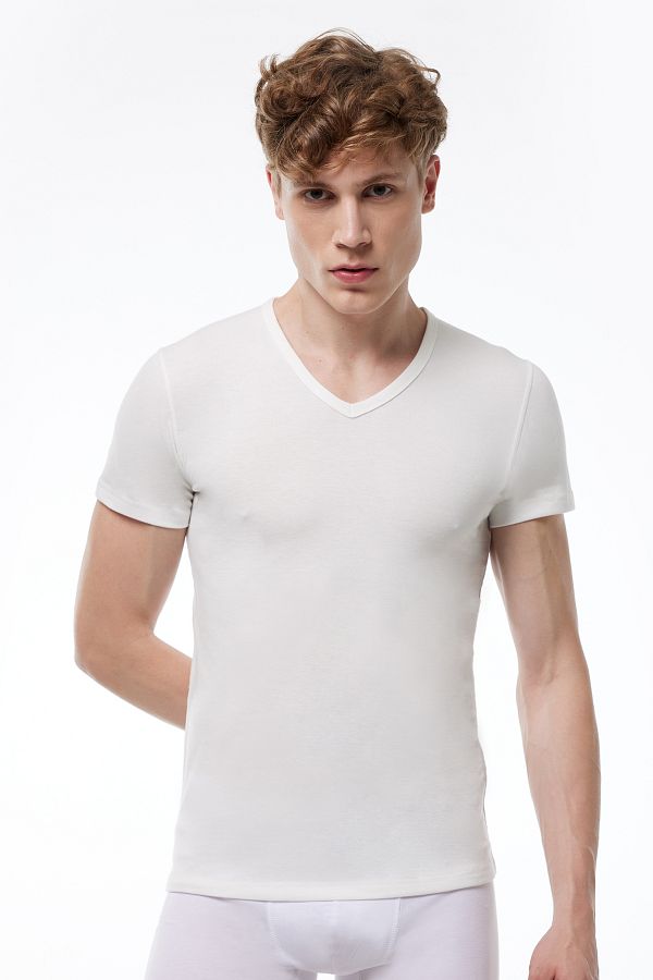 Malabadi-Men's Ecru V-Neck Short Sleeve Viloft Thermal Top Underwear 607 1