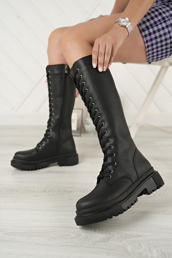 Tolgado Lace up Side Zipper Black Leather Casual Women s Boots Trendyol
