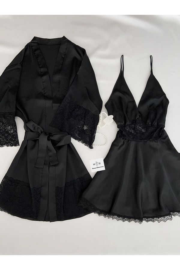 MH Moony Homewears-Set cămașă de noapte din satin neagră Diva 1