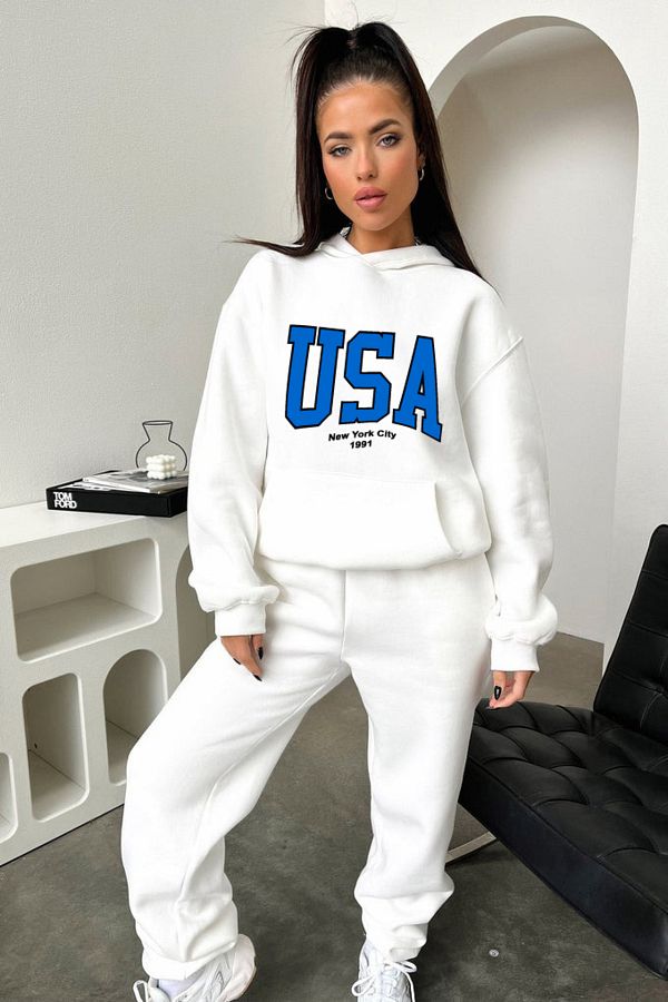 CLAYES Tracksuit Set Sweatshirt Jogger White Printed Oversize Hoodie Trendyol
