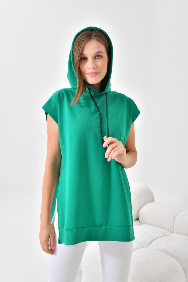 mirach Emerald Green Oversize Hooded Sweater Leaf Color Buttoned Sweat Tunic Trendyol