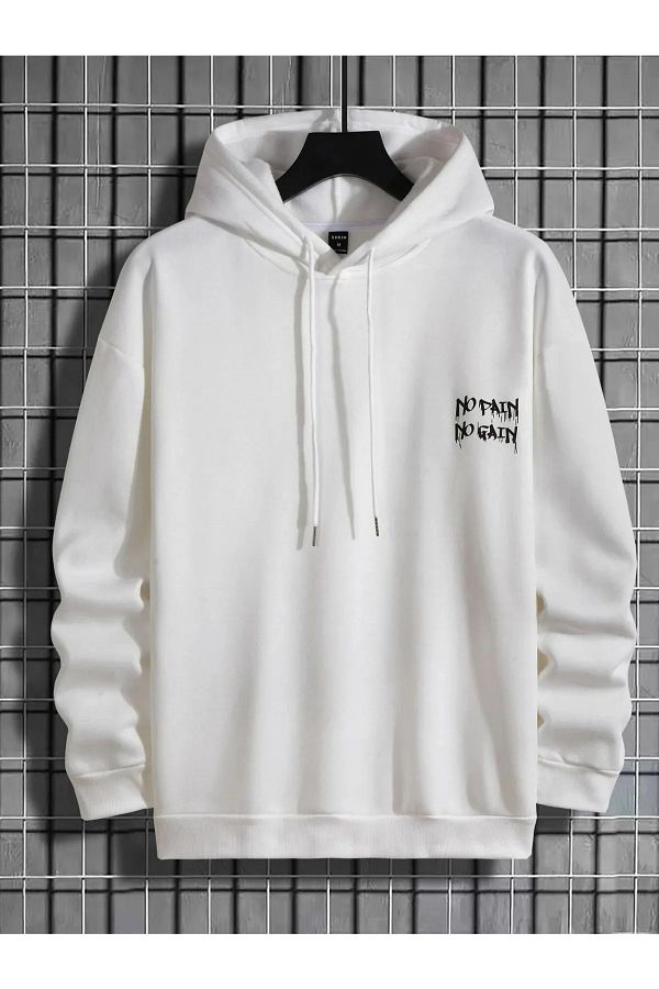 Machetta White No Pain No Gain Print Detailed Hooded Pocket Sweatshirt Hoodie Trendyol