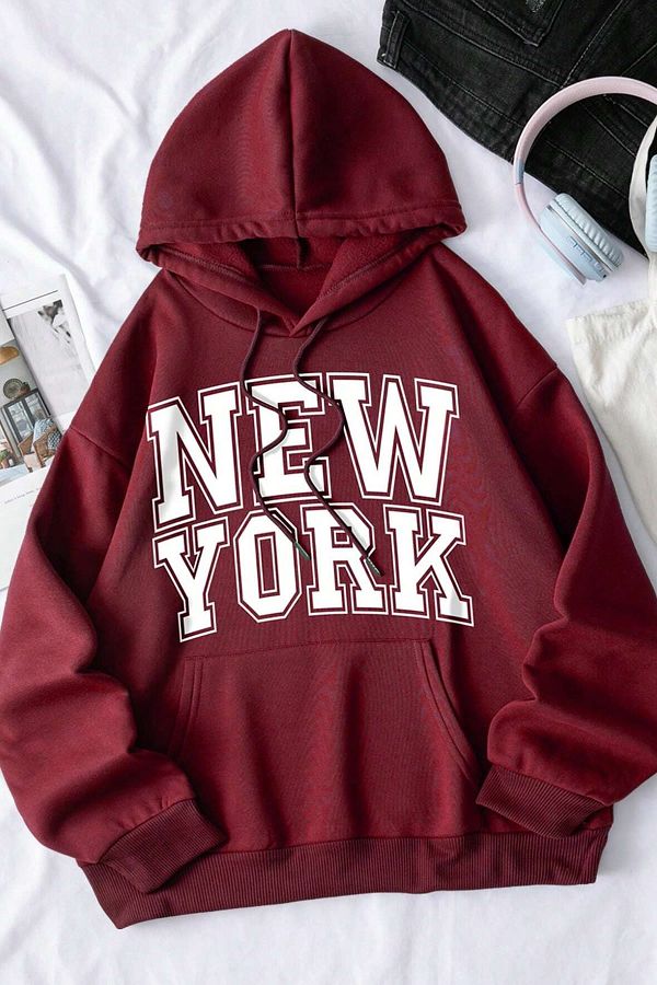 MODAGEN-Φούτερ Unisex Claret Red New York με στάμπα με κουκούλα 3 κλωστών 1