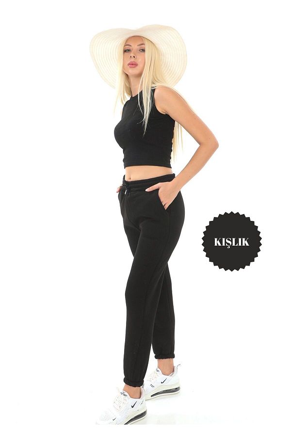 BANEGA Women s Black Thick Winter Fleece High Waist Basic Jogger Sweatpants with Elastic Legs Trendyol