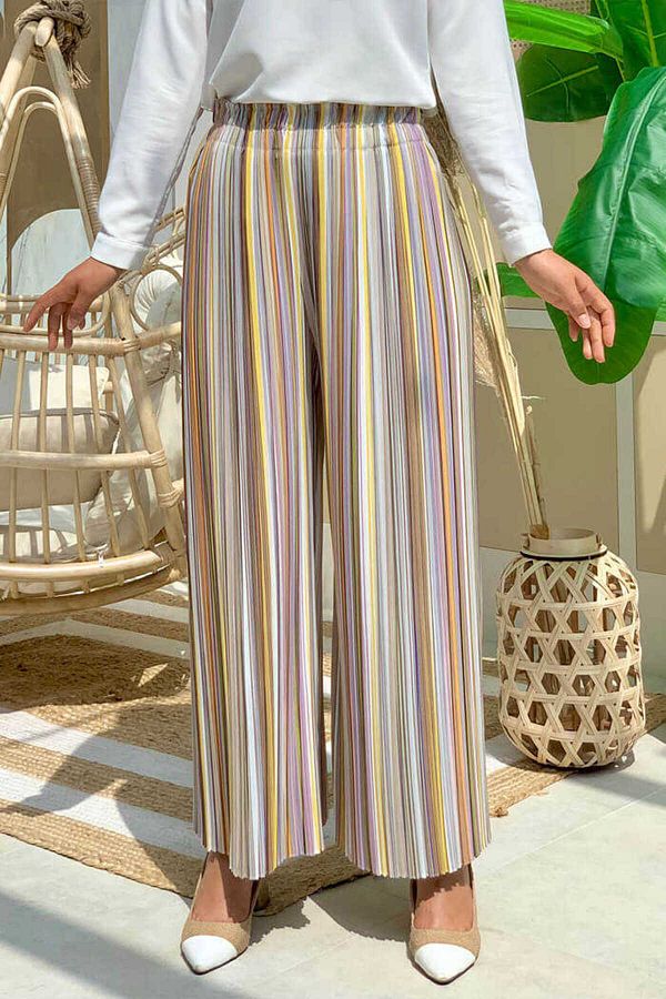 Bym Fashion-Colorful Line Patterned Trousers with Elastic Waist 0204 Mustard 1