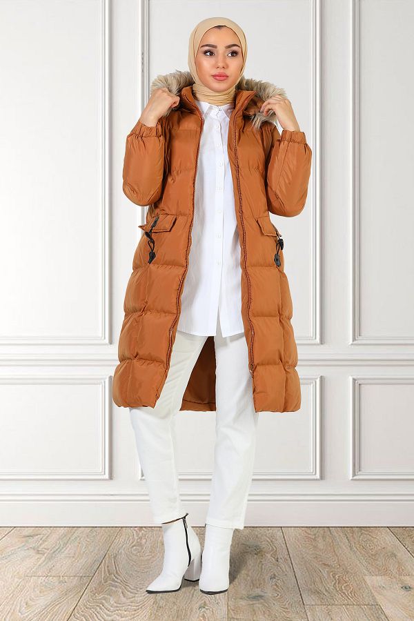 Julude Women s Long Puffer Jacket Camel Fur Hood and Shepherd s Button Detail Trendyol