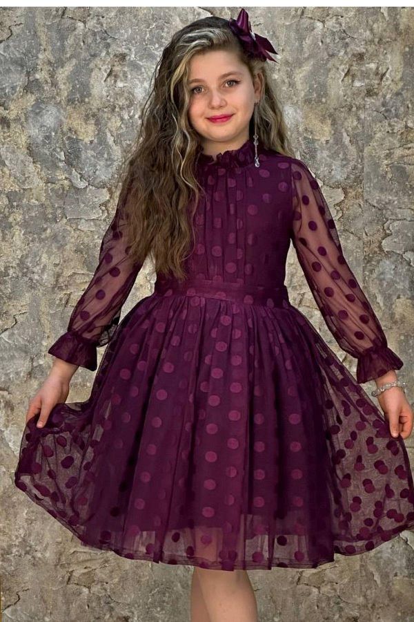 Riccotarz-Girl's Purple Dress with Transparent Sleeves, Polka Dots and Sash Detail 1