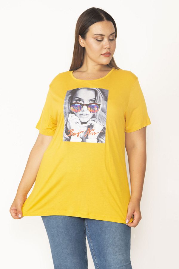 Şans-Women's Large Size Yellow Digital Printed Viscose Blouse 65n27410 1