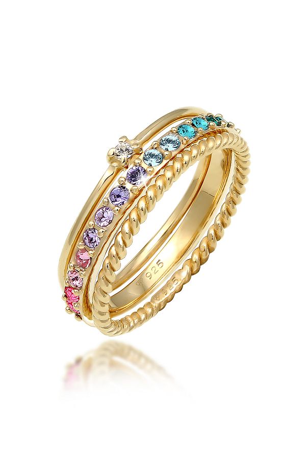 ELLI-Ring-Set für Damen – mehrfarbig, glitzernde Kristalle, 925er Sterlingsilber und vergoldet 1