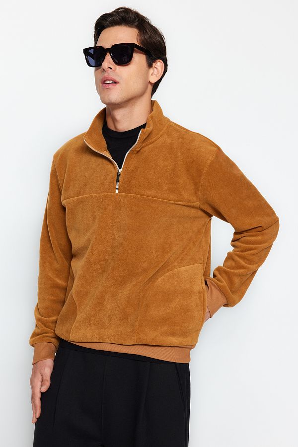 Trendyol Collection Camel Colored Warm Sweatshirt with Zipper and Pocket TMNAW21SW0932 Trendyol