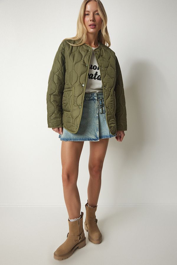 Happiness İstanbul-Dámská khaki oversize prošívaná bunda s kapsami DZ00098 1
