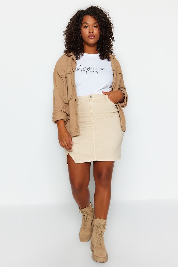 Trendyol Curve Beige A line Denim Skirt TBBAW24AZ00031 Trendyol