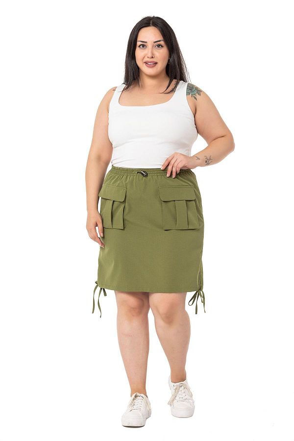 DISENTIS MODEST Large Size Gather Detailed Parachute Mini Khaki Skirt Trendyol