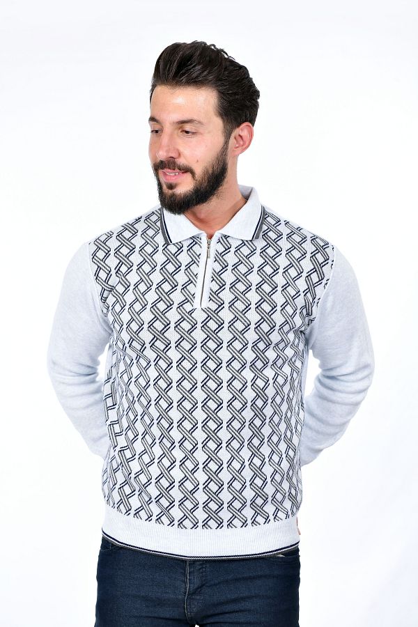 Kamalı-Men's Steel Knit Shirt Collar Zippered Polo Collar Striped Pattern Non-Pilling Knitwear Winter Dad Sweater 1