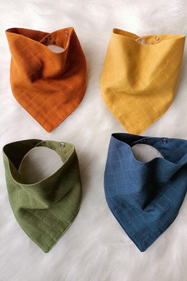 3Baby 4 Adet %100 Organik Pamuk Çift Katlı Iki Çıtçıtlı Müslin Bebek Fular & Salya Önlük