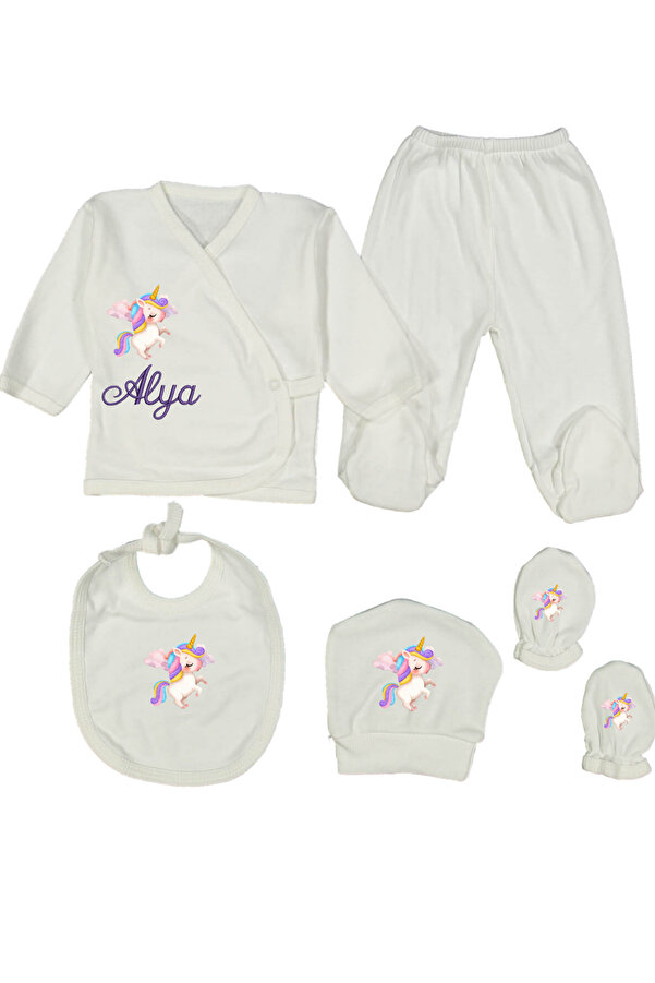 Leone Handmade İsme Özel Unicorn Baskılı %100 Pamuklu Yenidoğan Kız Bebek Hastane Çıkışı İsimli Nakışlı 5 Parça Set