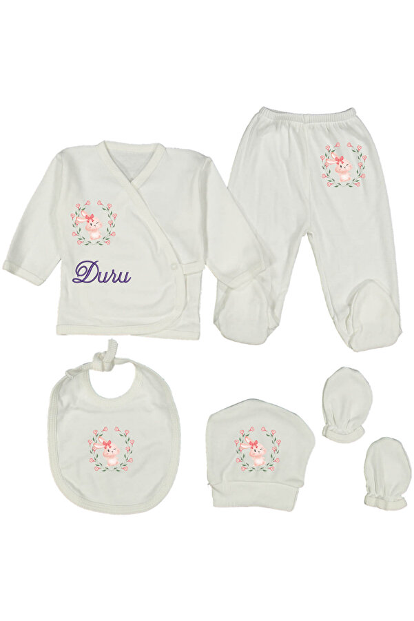 Leone Handmade İsme Özel Tavşan Baskılı %100 Pamuklu Yenidoğan Kız Bebek Hastane Çıkışı İsimli Nakışlı 5 Parça Seti
