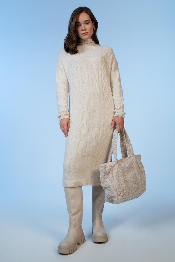 DeFacto-Regular Fit Turtleneck Knitted Patterned Midi Dress 1