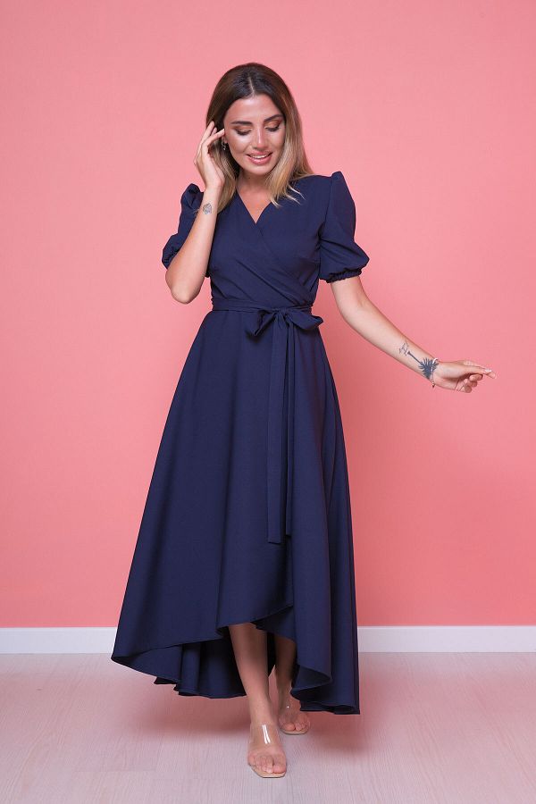 Bidoluelbise Navy Blue Short Front and Long Back Asymmetric Cut Dress Trendyol