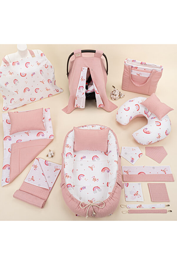 Yunikobaby 18 Parça Set - Pudra Muslin - Pembe Gökkuşağı - Puset Seti,emzirme Önlüğü Ve Yastığı,babynest,çanta
