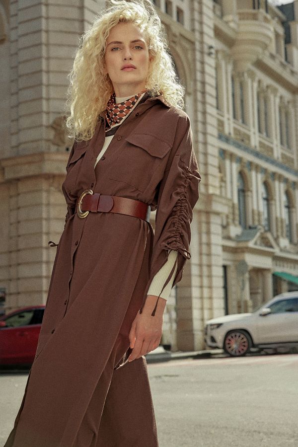 Trendyol Modest-Brown Belted Sleeves Adjustable Detail Button Cotton Woven Shirt Dress Tctss23Eb00365 1