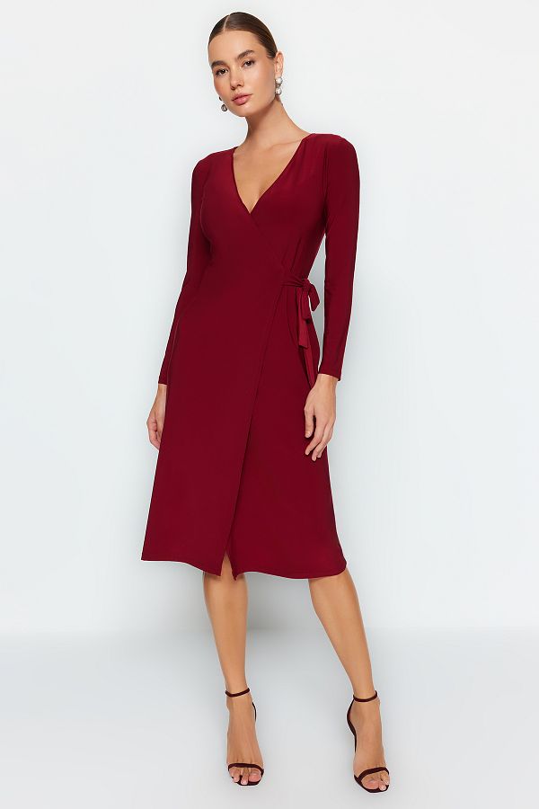 Trendyol Collection-Rochie tricotată midi, cu curea, cu decolteu dublu, bordeaux TWOAW24EL00290 1