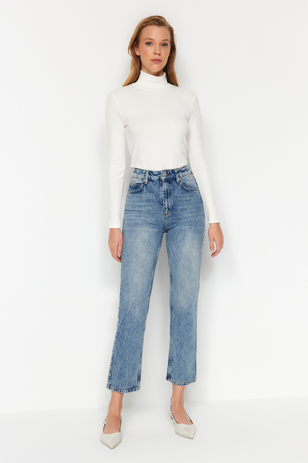 Trendyol Collection-Blugi drepți cu talie înaltă albastru închis TWOAW24JE00082 1