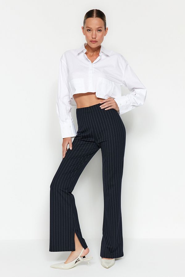 Trendyol Collection Green Straight Cut High Waist Ribbed Stitched Woven  Trousers TWOSS21PL0093 - Trendyol