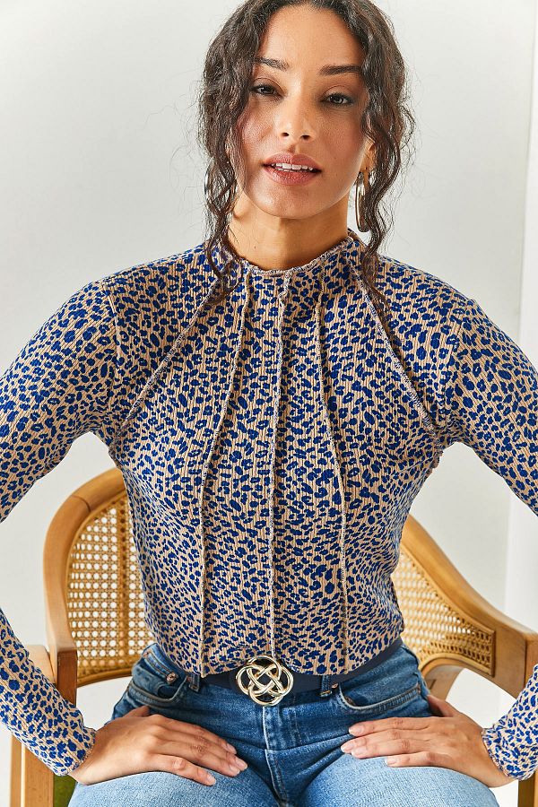 Olalook-Dámská leopardí Saks Blue Piece s vysokým límcem Lycra Crop Halenka BLZ-19002398 1