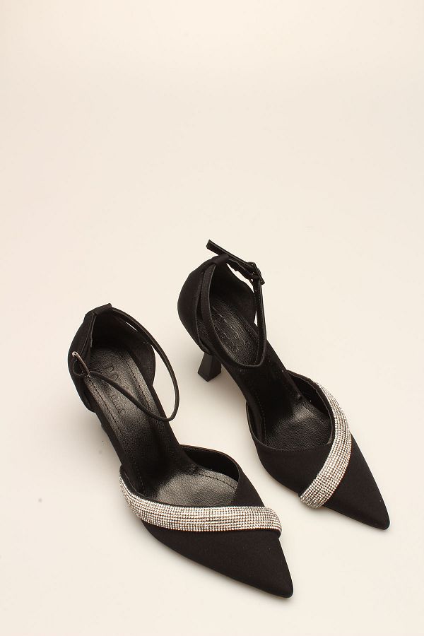 ROVIGO-BLACK SATIN STONE WOMEN'S HEELS 1