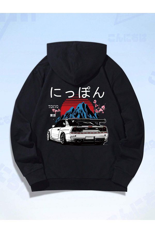 Adrift-Coko series ROMWE Guys Car & Japanese Letter Graphic Drawstring Hoodie 1