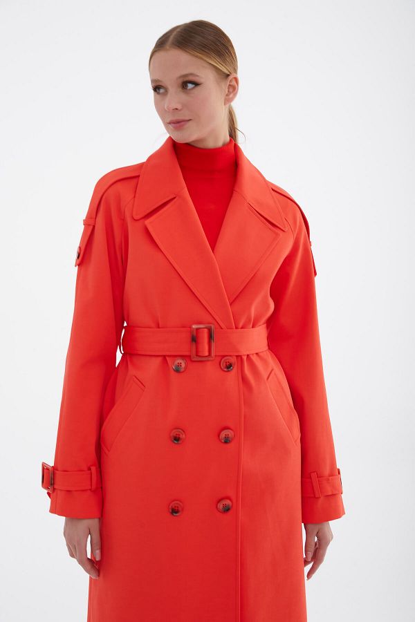 DOLCEBELLA Women s Coral Double Breasted Long Trench Coat Trendyol