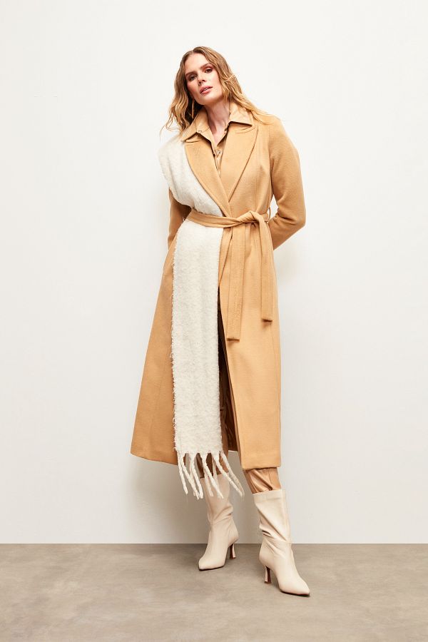 Sateen Camel Long Belted Coat Trendyol