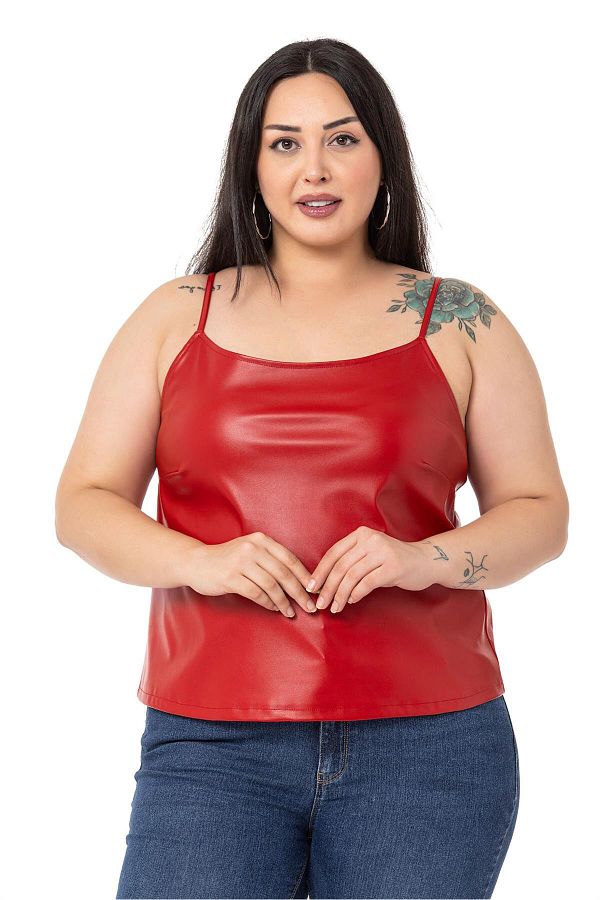 DISENTIS MODEST-Plus Size Adjustable Thin Strap Leather Red Blouse with Elastic Back 1