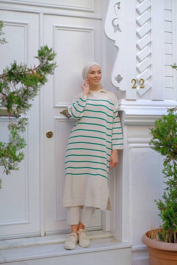 She Olive striped hijab tunic dress beige Trendyol