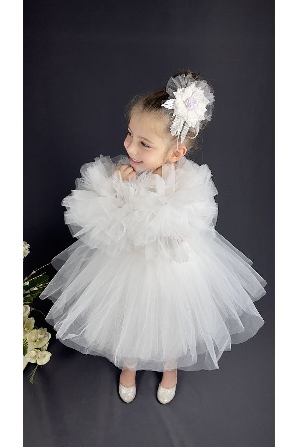 Delfini kids Chiffon Robe Pompom Sleeve Sequined Girl s Crinoline Skirt Tutu Evening Dress Trendyol